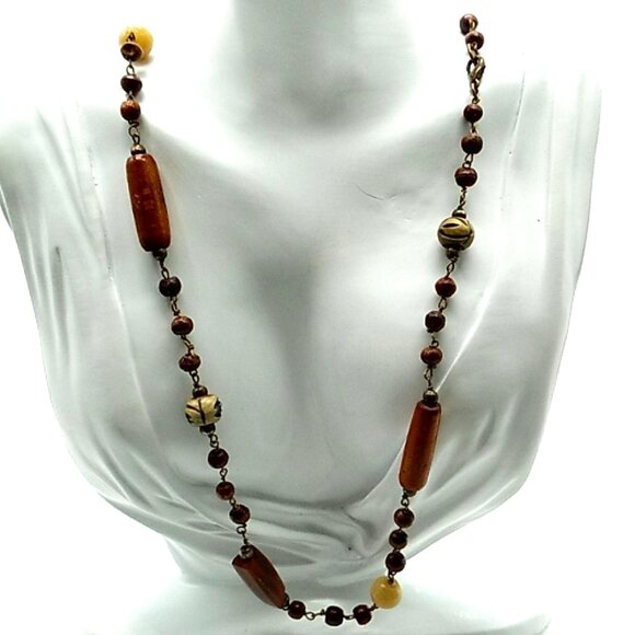 Jewelry - Vintage Wood Bead Necklace Mixture of Tube Round Wood Glass & Acrylic & Carved